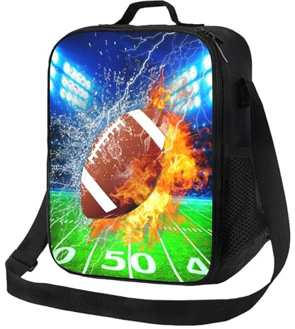 Gaakvrr Football Lunch Bag Insulated - American Football Lunch Box for Boys Girls Reusable Portable Waterproof Lunch Bags with Adjustable Shoulder Strap and Side Pocket