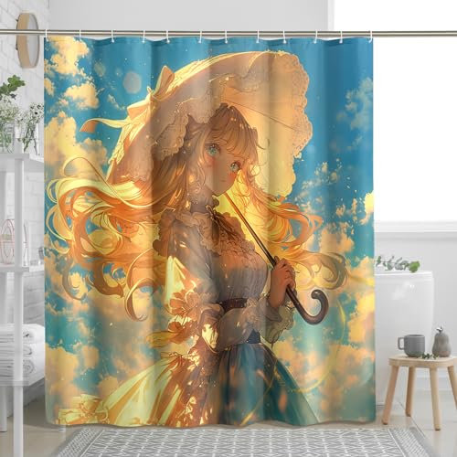 Cortina de ducha de elementos cuadráticos con 12 ganchos, paraguas pequeño, personaje de anime, cielo de ensueño, tela de poliéster colorida, impermeable, decorativa, para baño, hotel, dormitorio,
