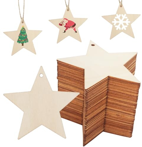 72 Stück Sterne Holzanhänger Deko, 7CM Holzsterne Zum Basteln | Natur Sternanhänger Holz mit 10M Schnur, Weihnachts Holzanhänger, Sterne Weihnachtsanhänger für DIY Weihnachtsschmuck
