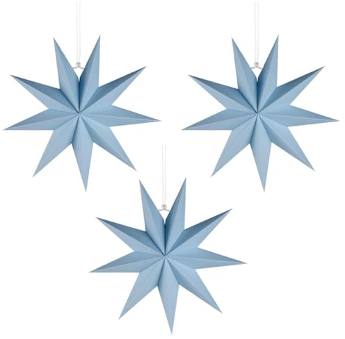 3Pcs Paper Star Lanterns 12 Inch 9-Pointed Christmas Hanging Paper Lampshade for Holiday, Weddings, Birthday Party Celebration Decor (Blue)