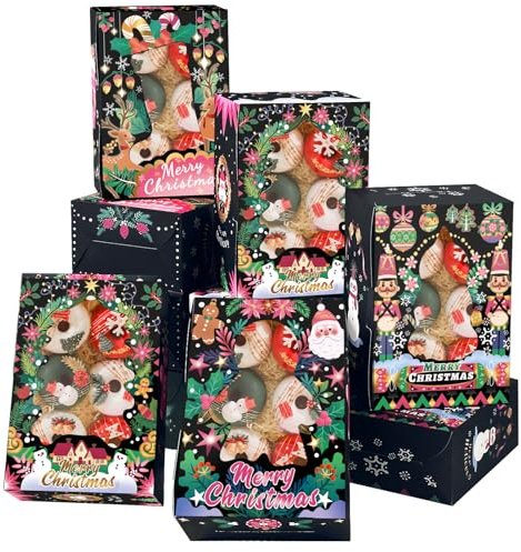 Gcardist Weihnachten Keksboxen mit Fenster, 12 Stück, 15x21x6,85cm, Backbox im Schwarz-Pink-Design, Gebäckbox für Weihnachten