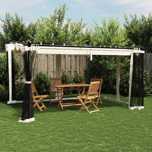 Homgoday Pavillon mit Netzwänden Gartenpavillon mit Schiebedach Partyzelt Festzelt Terrassenpavillon Gartenzelt UV Schutz für Garten, Party Creme 4x3 m Stahl