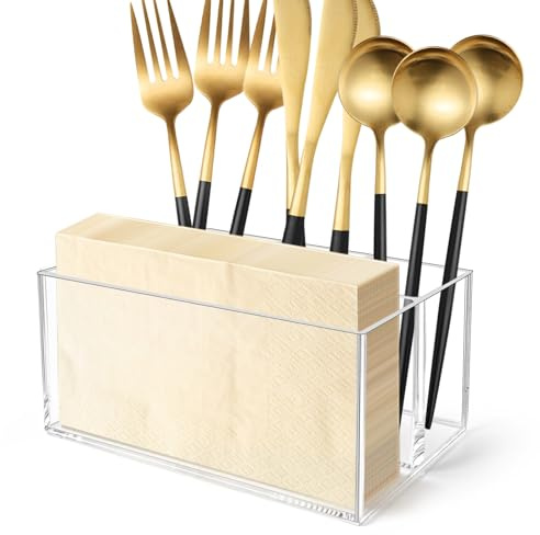 Vowcarol Acrylic Silverware Caddy Cutlery Holder 7.1 x 4.6 x 3.1 inches 4 Compartments Tableware Storage Box for Napkin, Knife Spoon and Fork Holder