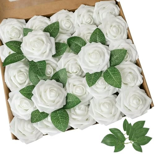 GVEKJ Künstliche Blaue Rosen, künstliche Schaumrosen mit Stielen, für Hochzeiten, Partys, DIY-Dekoration, Kunstblumen, Boho-Dekoration für Zuhause, Zimmer, Vase, 30 Stück, weiß, ohne Box