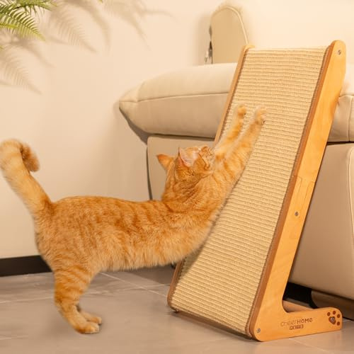 CheerPals Dual-Use Sisal Cat Scratcher - Large 63cm H, Solid Beech Wood & Sisal Pad Cat Scratching Post, L-Shaped Pet Furniture for All Cats Playing, Relaxing
