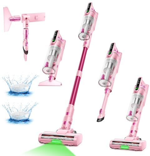 Trucozie Cordless Vacuum Cleaner, Self-Standing Lightweight Stick Vacuum with 50 mins Runtime, Powerful Suction, Anti-Tangle Wireless Vacuum for Home, Hardwood Floor, Carpet, Pet Hair, Pink