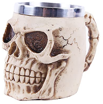 HYUWANGYU Novelty Bar Wine Glass Cup Tankard Resin Body Stainless Steel Drinking Glass With Handle Realistic Fantasy Skull Coffee Mug Medieval Wine Glass (Color : Painted Size : 11x8.5cm)