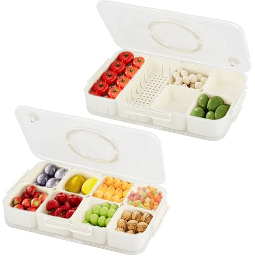 CENBEN 2 Pack Divided Serving Tray with Lid and Handle, Portable Leakproof Divided Snack Box Container with 6/8 Removable Compartments for Fruit, Candy, Nuts Party, Travel, Picnic