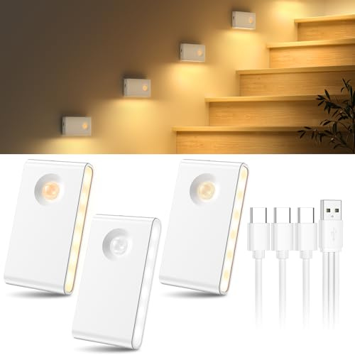 daphomeu Lot De 3 Veilleuse Detecteur de Mouvement, 3 Couleurs et Luminosité Réglable, Lampe Detecteur de Mouvement Interieur, Rechargeable Veilleuse pour Escaliers, Couloirs, Salles de Bains