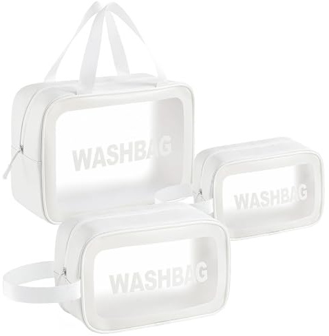 Woobroo Clear Travel Toiletries Bag for Women, 3 Pack Toiletry Bags with Zippers Travel Essentials PVC Waterproof Cosmetic Clear Wash Bag for Girls, White