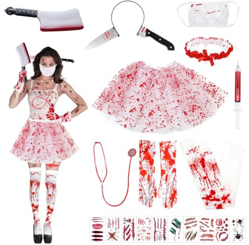 10 Pezzi Costume da Infermiera Zombie per Halloween, Costume Halloween Donna, Costume Horror Zombie da Donna con Macchiati di Sangue per Halloween, Carnevale, Cosplay, Feste in Maschera