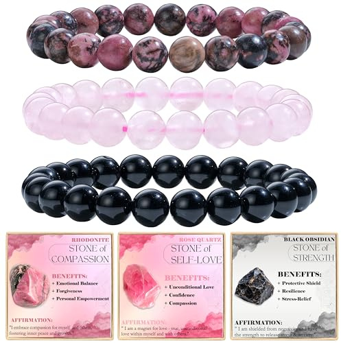 Bivei 3-teiliges Perlenarmband Damen Handgefertigter Naturstein Heilsteine Edelstein Perlen Armband, Yoga, Meditation, Schutz Geschenk