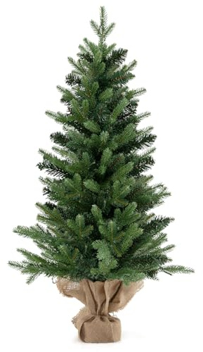 GYMAX 90 cm Mini Weihnachtsbaum, Tannenbaum Künstlich mit 50 Warmweißen LEDs & Timer-Funktion, Kleiner Christbaum mit 363 Spitzen, Tisch Weihnachten Deko für Weihnachten Advent