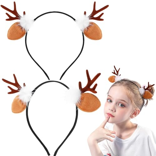2Pcs Reindeer Antler Christmas Headband with Hair Flocking Lovely Xmas Party Hair Hoops for Girls Non-Slip Holiday Girl Headband Accessories Christmas Decor