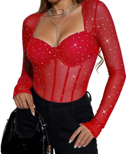 Sukiglam Body Damen Langarm Glitzer Bodys Sexy Netz Bodysuits Durchsichtige Langarmbody Figurenformend Oberteile Elegant Thong Bodysuit Herzförmiger Ausschnitt Tops Eng Sparkle Blusenbody für Club