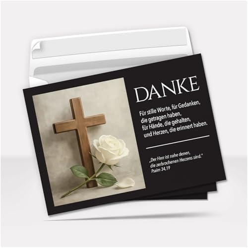 Einladungskarten Manufaktur Hamburg Trauer Danksagungskarten mit Umschlag | Weisse Rose Holz Kreuz mit Text, 10 Stück | Dankeskarten Din A6 Set | Trauerkarten Danksagung Danke sagen