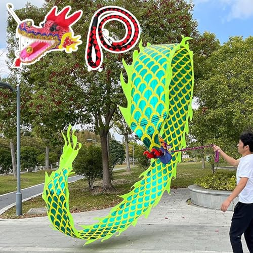 Wu Long Drakebandsvitmellanlägg, Drakepoi-dansband Med Fjäll Och Huvud, Slungande Drakeband Med Jonglering For Utomhusbruk(Green,10m (32.8 ft))