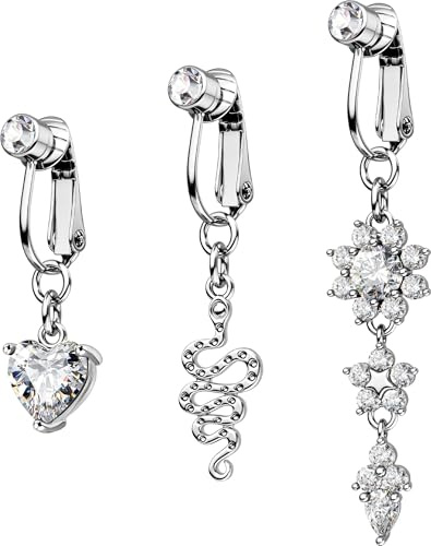 OUFER 3PC Faux Piercing Nombril à Clipser Serpent Fleurs Cœur Piercing de Ventre Pendant 316L Acier Chirurgical Percing au Nombril Anneau CZ Transparent Belly Button Bars pour Femmes