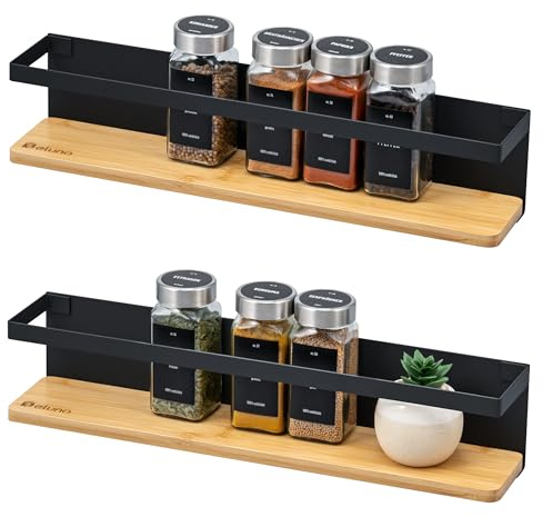 eluno Gewürzregale 2er Set mit Bambusboden, platzsparende Gewürzhalter zur Wandmontage zum Kleben oder zum Bohren - Regale schaffen mehr Ordnung auf der Arbeitsfläche, aus Metall (Schwarz)