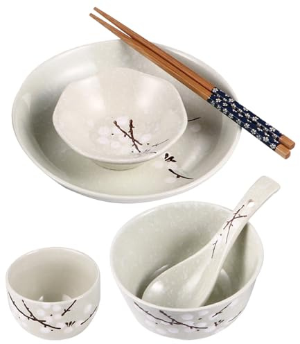 GRIRIW Set 6 Pezzi Stoviglie Ceramica Stile Giapponese Stampa Fiori di Prugno per Servizio Tavola Monoporzione Uso Quotidiano
