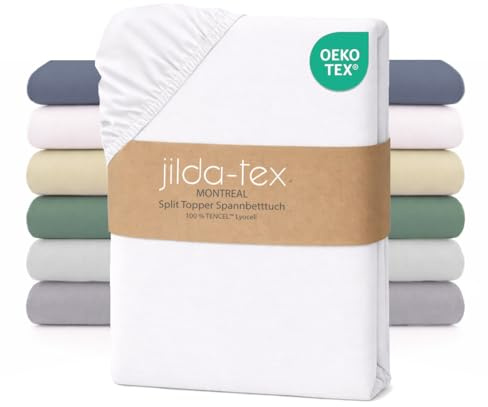 Tencel Spannbettlaken 100% Lyocell – Kühlend, Atmungsaktiv & Seidig Weich – Dünne Luftige Qualität – Spannbettlaken mit Rundumgummi für Matratzen (Weiß, Split Topper 180-200x200-220cm+16cm)