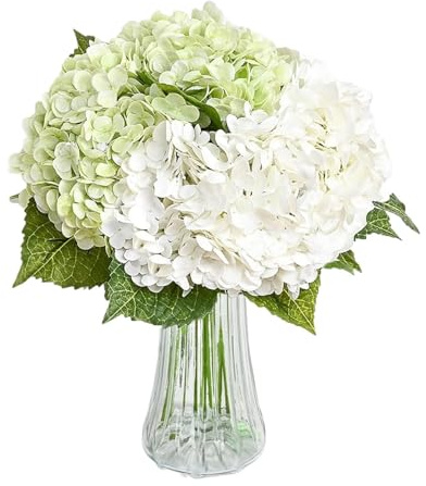 Fiori di Ortensia Artificiale 4-40 pezzi di fiori ortensia artificiale blu, ortensie vere e proprie for decorazioni floreali da tavolo for feste matrimonio Per decorazione(White and Green,40PCS)