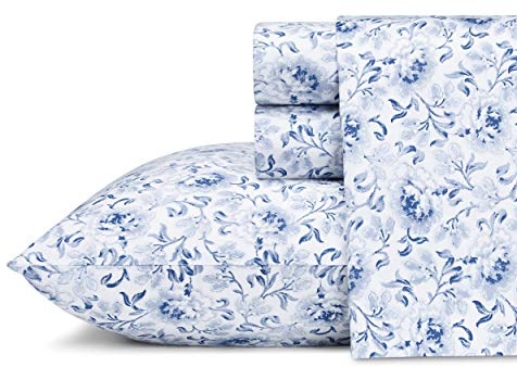 Laura Ashley - Queen Sheets, Soft Sateen Cotton Bedding Set - Sleek, Smooth, & Breathable Home Decor (Lorelei Dark Blue, Queen)