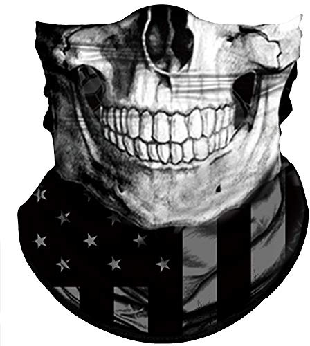 Obacle Skull Face Mask Sun UV Dust Wind Protection Tube Mask Seamless Bandana Skeleton Face Mask for Men Women Bike Riding Motorcycle Cycling Biker Outdoor Festival (Black Gray Skull White Face Flag)