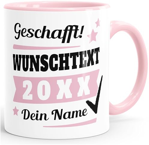 SpecialMe® Tasse mit Name personalisiert Geschafft! eigener Text Geschenk Abschluss-Prüfung Rosa Keramik-Tasse