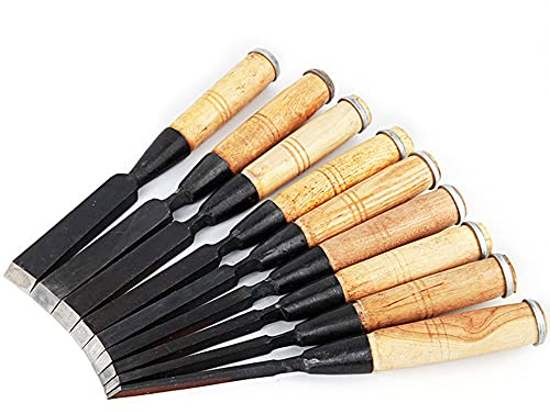Stechbeitel Set 9-teiliges Holzmeißel-Set Holzmeißel aus Kohlenstoffstahl mit Holzgriff für die Holzschnitzerei Schreinerei Bildhauerei Rahmen Holzdrehen Ausbessern Möbel Handwerk
