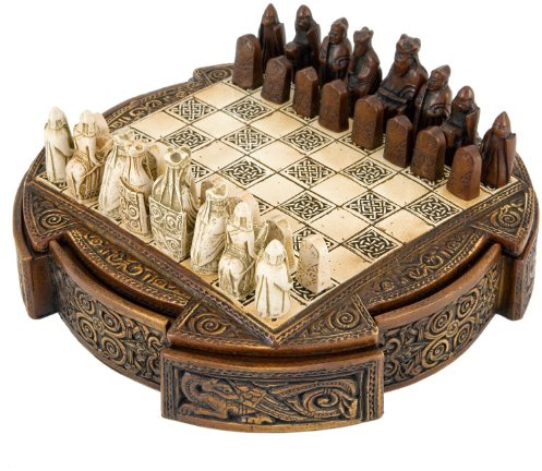 Brown Compact Isle Of Lewis Celtic Chess Set - 8 Inch Chess Board and Miniature Pieces - Made In England