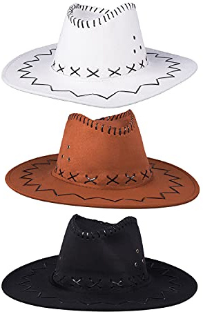 Euvoym 3 Stück Erwachsene Texanischer Cowboyhut Wicked Kostüme Unisex Cowboyhut Kostüm Zubehör Weiß Braun Schwarz