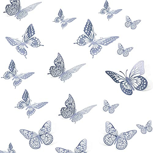 24pcs 3D Butterfly Wall Stickers, Butterfly Wall Decals for Home Bedroom Party Decors (Silver, 3 Sizes)