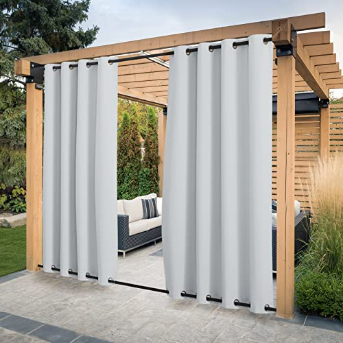 PONY DANCE Tende da Sole per Balconi Curtains per Gazebo con Anelli Superiore e Inferiore Tenda da Esterno Impermeabile Termica 2 Pezzi L 132 x A 243 cm, Bianche Grigio