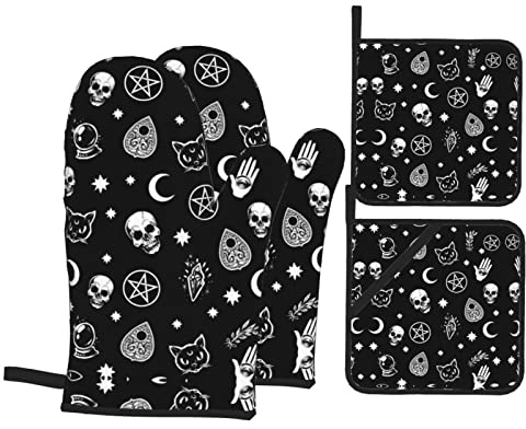Halloween Goth Skull Oven Mitts and Pot Holders Heat Resistant Non-Slip Potholders Oven Gloves and Pad for Baking Cooking Kitchen Grilling BBQ Gifts Sets of 4