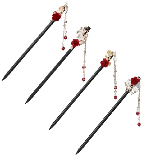 ANCLLO 4PCS Bastoncino per Capelli in Legno Accessori per Capelli Cinesi Bacchette per Capelli con Fiore Vintage per Donne Ragazze