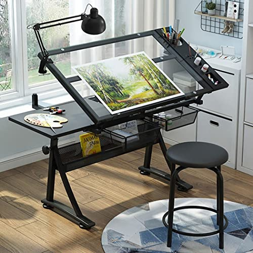Mesa de dibujo para artistas – Escritorio de altura ajustable con taburete, parte superior de vidrio templado inclinable a 50°, 2 cajones, estación de trabajo y mesa de lectura para artistas