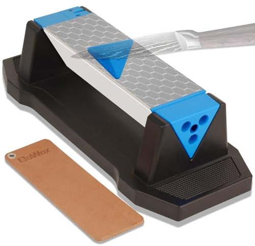 DOWOX Juego de muelas de diamante, Afilador de Cuchillos de 3 Lados Grano 400/1000/8000 para Cuchilla Afilada, Piedra de afilar de diamante y cerámica con guía angular y asentador de cuero