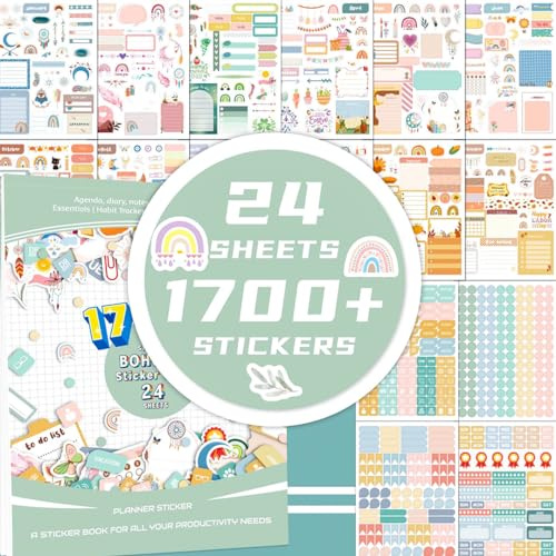 Zayookey 24 Blatt/1700+ Planer Aufkleber für Monatsplaner Monthly Planner Stickers Bullet Journal Sticker Scrapbooking Stickers Zubehör für Kalender Journal Tagebuch Arbeit Planung Budget