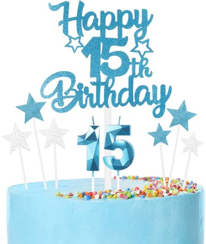 mciskin Happy 15th Birthday Candles Cake Toppers Set, Blue Number 15 Candle for Birthday Cake, Birthday Candles Cake Toppers for Girls Boys Birthday Decorations, Blue Silver Star Cake Cupcake Toppers
