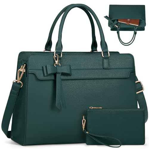 RAINSMORE Women's Dark Green 15.6 Inch Laptop Tote Bag with Clutch, Water Resistant PU Leather Ladies Laptop Handbag for Work, School, Office, Casual