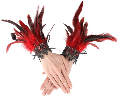COMNICO Damen Feder-Handgelenkmanschetten, Florale Spitzenflügel-Armbänder Schwarzes Gothic-Mesh-Armband für Cosplay Halloween-Kostüm