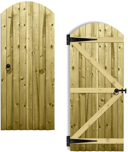 Arch Top Wooden Garden Gate 6x2.5ft - Feather Edge Semi-Braced Treated Timber Door + Ring Latch Hinge Pack, H:6ft x W:2.5ft Ideal for Outdoor Pathway Home Access (High: 180cm x Wide: 75cm)