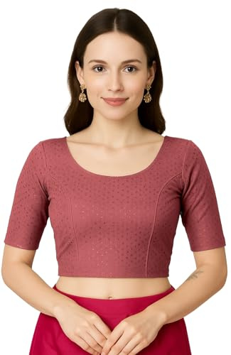 Jaanvi mode dam rund hals ren bomull dobby armbåge ärm färdig sari blus, Umber-rosa, XL