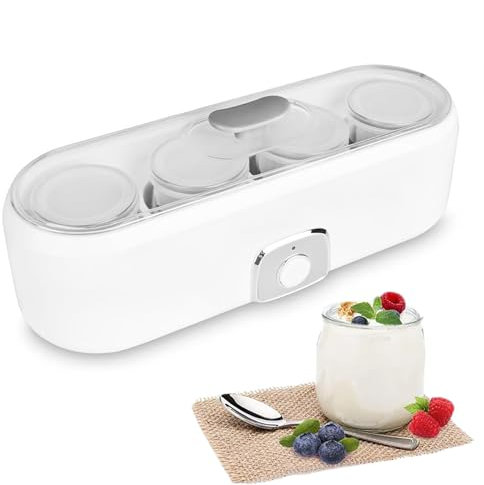 CHANGLKJ Yaourtière Faite Maison, Petite Machine À Yaourt Grec avec 4 Pots en Verre Individuels (180 ML/Pot) Et Couvercle Transparent, Fonctionnement À Un Bouton Et Hygiène Plus Saine, pour La Maison