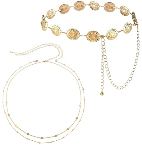 REYOK Western Metal Concho Belt, 2Pcs Hollow Out Daisy Chain Adjustable Boho Waist Belt Gold Vintage Belly Chains for Women, Dresses, Jeans, Cowgirl
