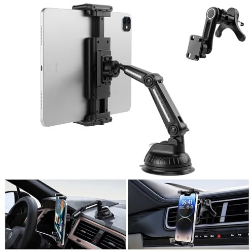 RUIFUO Tablet Halterung Auto Long arm,Großer Saugnapf,360° Drehbare Verstellbare,iPad Auto Halterung,Windschutzsche und Armaturenbrett Universal,A/C-Haken,für 4-13 Zoll,Kompatibel mit iPad, Samsung