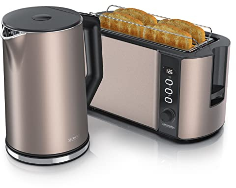 Arendo - Wasserkocher mit Toaster SET Edelstahl Beige, Wasserkocher 1,5L 40° 100°C Warmhaltefunktion Toaster 4 Scheiben LED-Display 6 Bräunungsgrade Brötchaufsatz