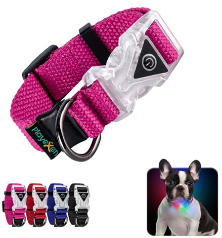 Leuchtendes Hundehalsband Playexen Verstellbares Hundehalsband aus weicher Baumwolle für Hunde & Katzen Kleine Größe LED 2 Blitzmodi Hundehalsbänder 20-30/2,0 cm (XS), Rosa