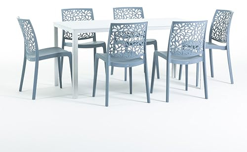 Set pranzo da giardino o esterno per 6 persone, tavolo in acciaio verniciato con doghe in polietilene effetto legno Bianco, 6 sedie in polipropilene con fibra di vetro Azzurro Cemento - Thomas e Anna